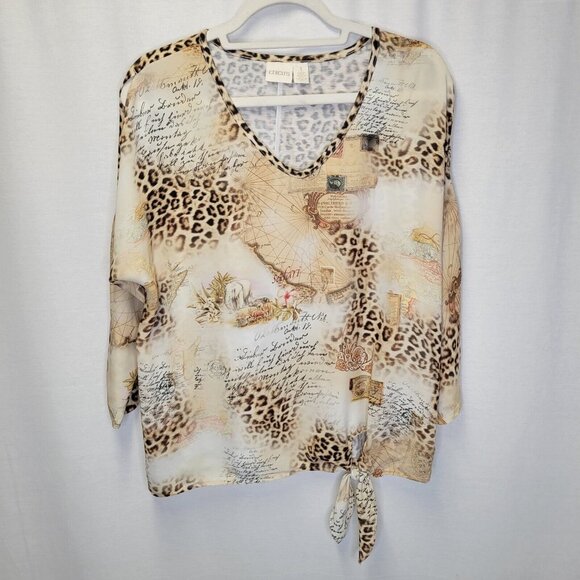 Chico's Women's Size 1 Shirt Top Safari Animal Print Tie Waist Cold Shoulder - Picture 1 of 6